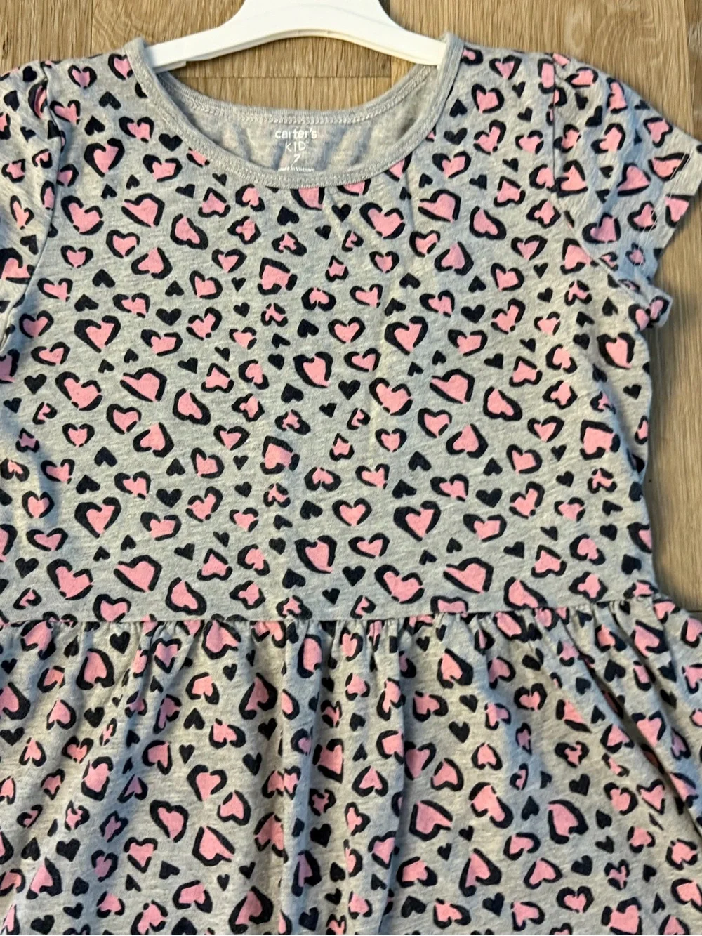 Carter's  Girl's Size 7 Gray Short Sleeve Casual Dress With Pink Leopard Print